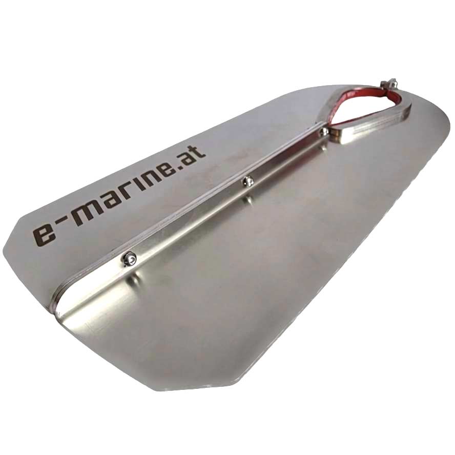 A Cavitationplate metal boat anchor, engraved with the brand name, features a handle and streamlined, angular design—perfectly suited for use with Torqeedo Travel - 2024 and newer models.