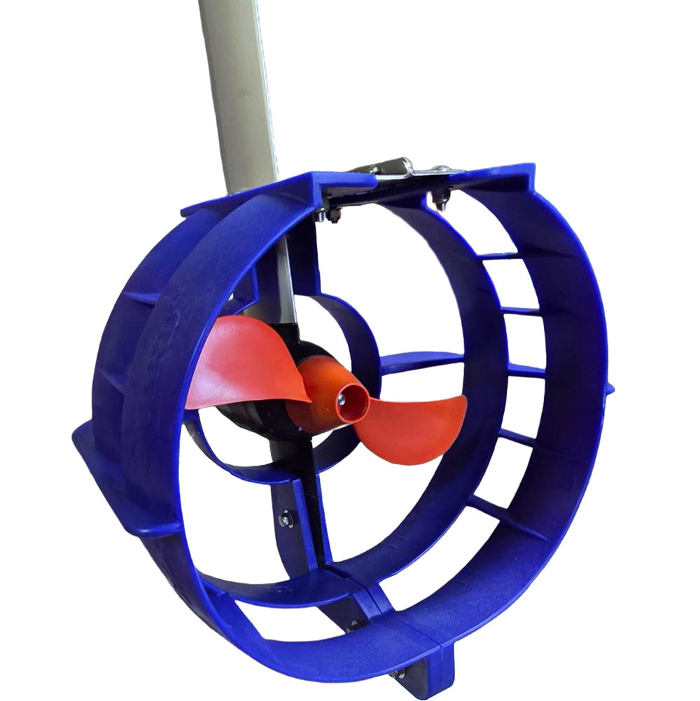 Side view of the CAV Prop Guard: blue thermoplastic cage enclosing the orange three-blade propeller of a Torqeedo electric outboard