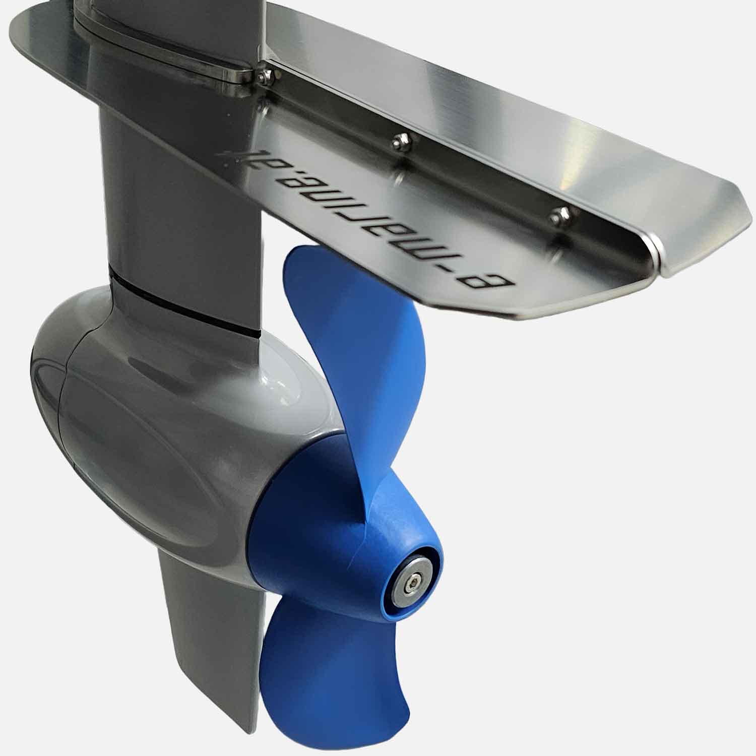 V4A stainless cavitation plate mounted on a ePropulsion Spirit 1 electric outboard, positioned just above the blue three-blade propeller