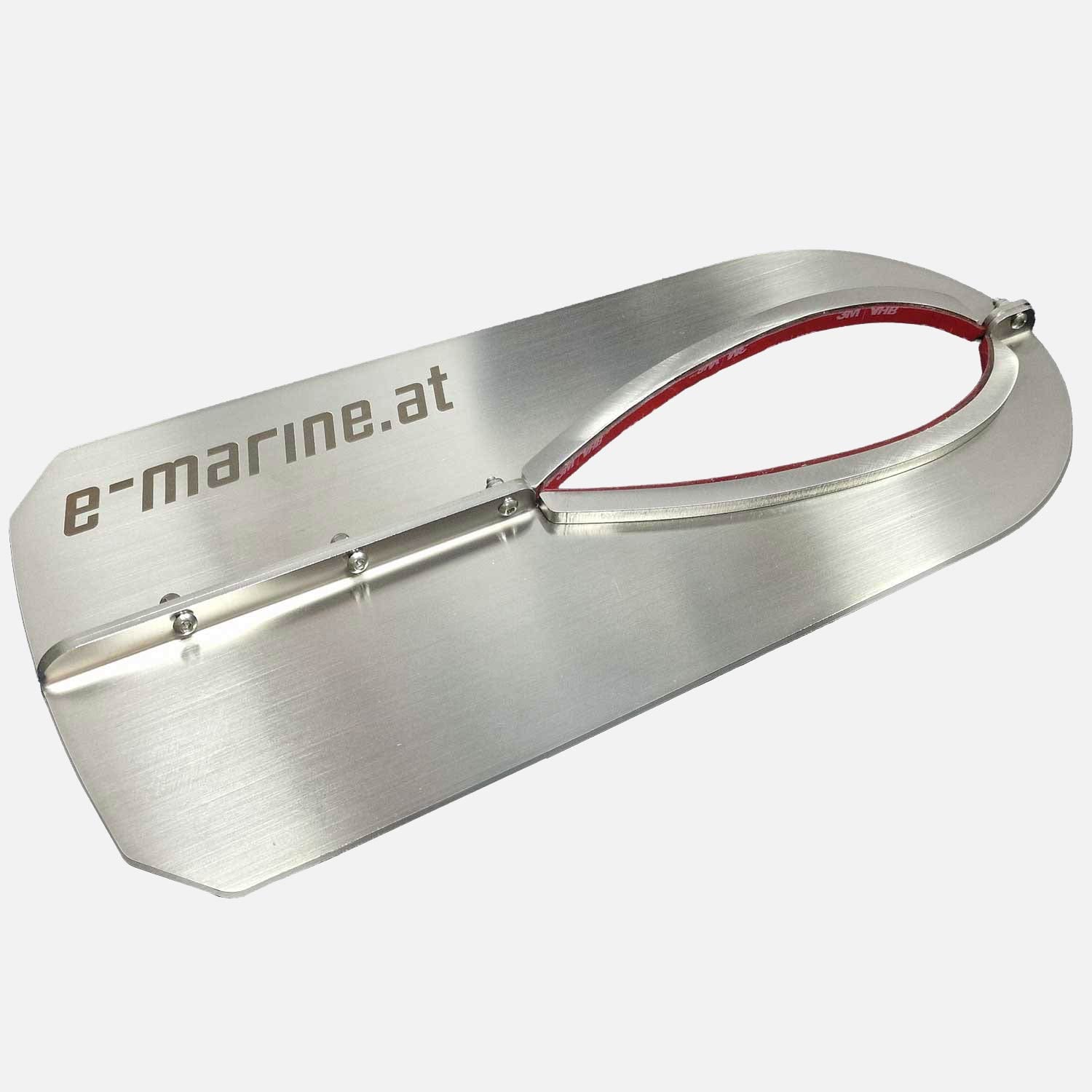 A brushed metal boat rudder with an engraved e-marine.at logo, featuring rounded edges and a large oval cutout reinforced with a red trim.