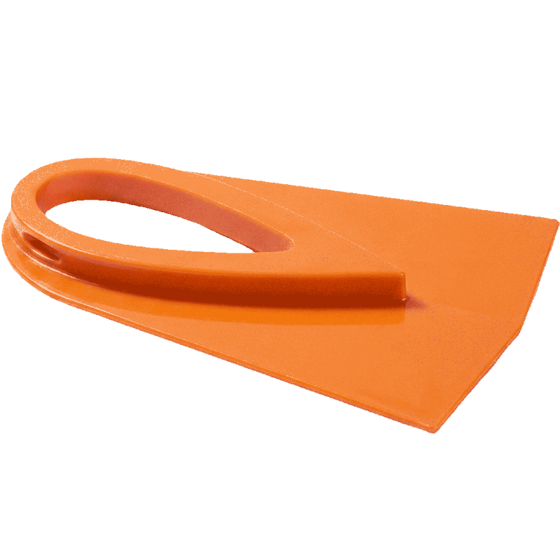 An orange plastic wedge with a molded handle, typically used for splitting wood or as a felling wedge in logging.